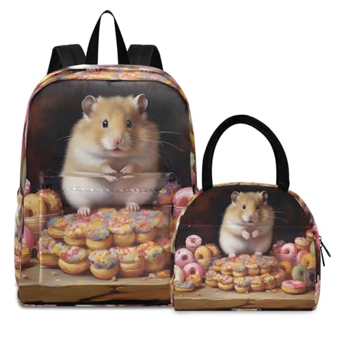 Donuts Hamster Print Backpack Set with Lunch Bag, Large Capacity Travel Backpacks and Lunch Box Insulated for Commute Hiking Picnic