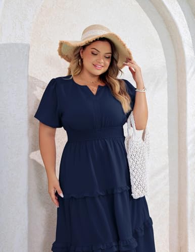 Image of Hanna Nikole Women's Plus Size Summer Casual Dress 2025 V Neck Empire Waist Tiered Flowy Beach Vacation Dress with Pockets