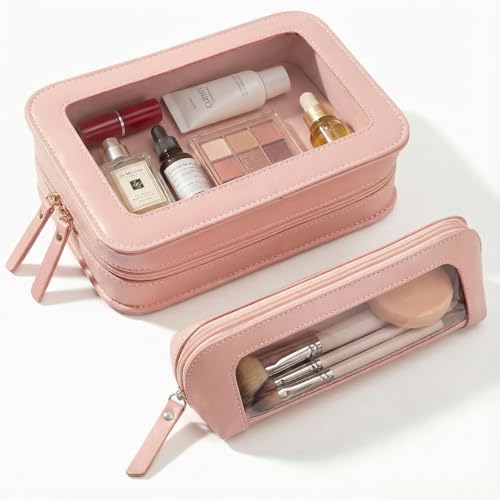 Image of LETGO 2Pack Clear Makeup Bags Set, Clear Pencil Case Pouch,Portable Leather Travel Toiletry Bag Pink Car Accessories for Women