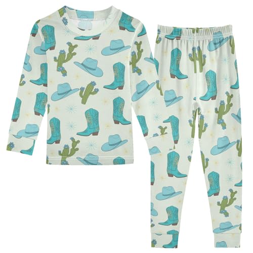 Pajama Sets Long Sleeve Blue Cowboy Boots Hats Cactus Soft Comfy Sleepwear 2 Piece PJS 3-8T