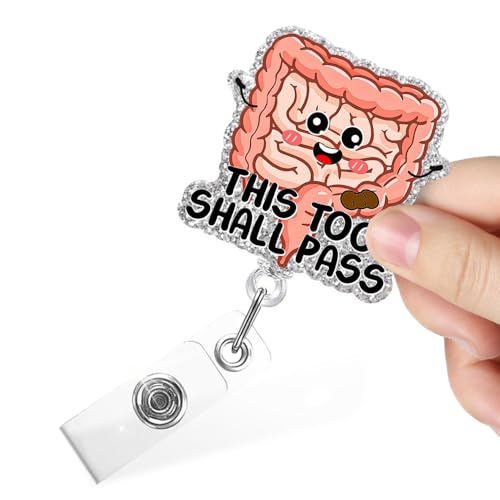 Juoqg This Too Shall Pass Funny Colon Organ Retractable Badge Reel with Alligator Clip, Glitter Badge Holder Gift for Gastroenterologist Endoscopy Internal Nurse RN GI Surgeon Doctor Nephrology