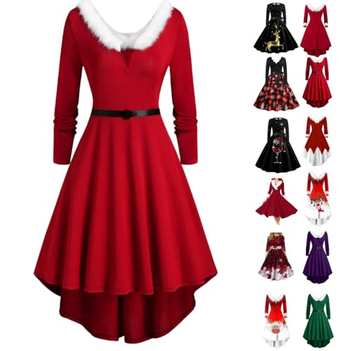 Luadnysin weihnachtskleid Damen Weihnachten Kleid Herbstkleid Ballkleider Abendkleid Langarm Glitzer Lang Ballkleid Rotes Ball Samt Hochzeitsgast...