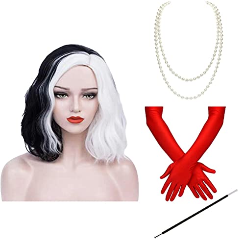 Perucas Cruella, meio-preto, metade branco, peruca para cosplay de bruxa de filme, peruca ondulada c