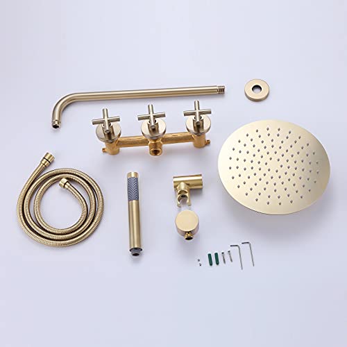 Rbrohant Gold Shower System Brass Shower Faucet Set, 10 Inch High Pressure Round Rain Shower Head With Handheld Spray, Wall Mounted, Rough-In Valve Included, Brushed Gold, Rcs81010Bg #TOP5