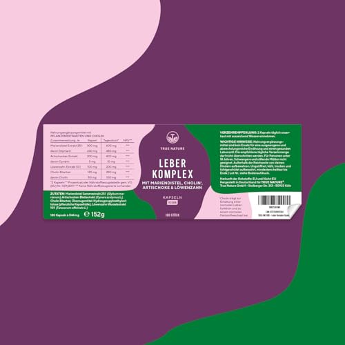 Leber Komplex - Testsieger-Online 11/25 - 180 Kapseln mit Mariendistel, Artischocke, Löwenzahn & Cholin – mit 480 mg Silymarin – Unterstützt die Leber durch Cholin* – TRUE NATURE