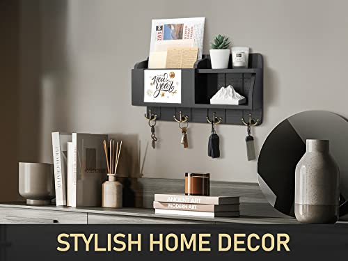 Rebee Vision Key Holder For Wall Set : 15" Key Rack With 7 Key Hooks & 16" Mail Organizer With Chalkboard And 4 Anchor Hooks For Home Apartment Entryway Decor - Black #TOP4