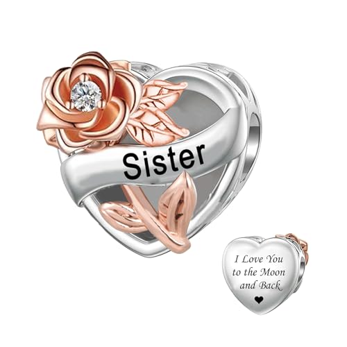 ZakiaHo Heart Sister Charms for Bracelets I Love You to the Moon and Back Rose Flower Birthday Gifts for Women Compatible with Pandora Charms Bracelets