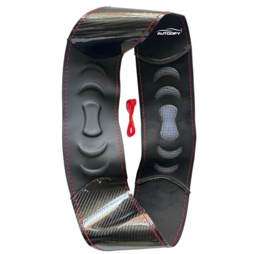 Image of Stitchable Carbon Fiber Steering Wheel Cover with Leather Protection - Universal Fit, Anti-Slip, Comfortable Grip, Durable & Stylish for Cars - Easy Install with Red Stich