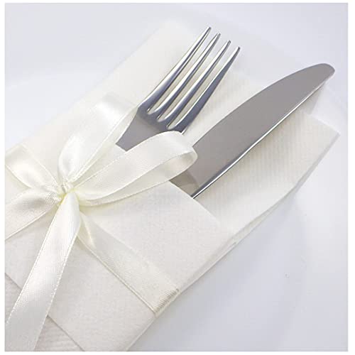 Bestecktaschen Besteckservietten mit Schleife Servietten Tischdeko Bestecktasche Ton in Ton Weiss (6 Stück, Weiss) Cover