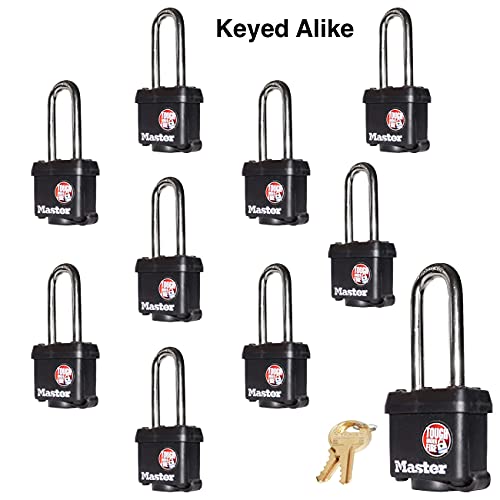 Image of Master Lock (10) Keyed Alike Padlocks w /Thermoplastic Coating and 2 inch(51mm) Tall Shackle incl 20 Keys - Model # 311KALH-10