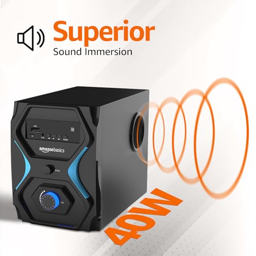 Image of Amazon Basics Wired 4.1 Multimedia Speaker with Remote | 40W RMS | Bluetooth v5.3 | Aux in, USB, Micro TF Card | Compatible with TVs, Smart Phones, Tablets, PCs (Black)