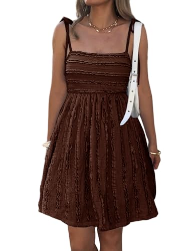 Evzeiem Womens Boho Mini Dress Summer Sleeveless Cute Flowy Dresses Spaghetti Strap A Line Casual Sundress Brown M