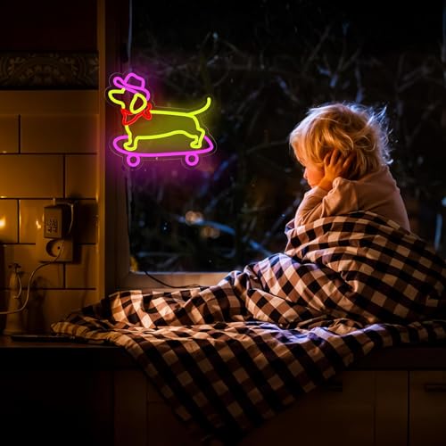 Image of Dachshund Dog Neon Sign for Wall Decor,Dimmable Skateboard Dog with Cowboy Hat Neon Light,Yellow Pink Puppy Light Up Signs for Pet Shop Bedroom Party Bar Background Christmas Decorations