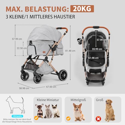 EchoSmile Ein-Knopf-Falt Hundewagen, Hundebuggy bis 20kg für kleine mittel Hunde & Katzen, Hunde Buggy & Katzenwagen mit Umkehrbarer Griff, Stoßdämpfung & Abnehmbares Waschbares Pad (Grau)