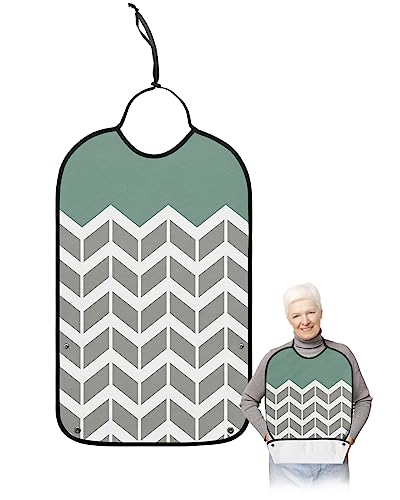 Teal Geometric Adult Bibs for Eating, Waterproof Bibs with Food Catcher & Adjustable Snap Closure, White Chevron Modern Abstract Art Aesthetics Clothing Protectors Adult Bibs for Elderly Women/Men