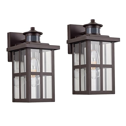 Image of MICSIU Bronze Motion Sensor Outdoor Wall Light 2 Pack, 11.75 inch Farmhouse | 3 Modes Dusk to Dawn Exterior Wall Sconce, Clear Glass Anti-Rust Porch Light for House, Garage