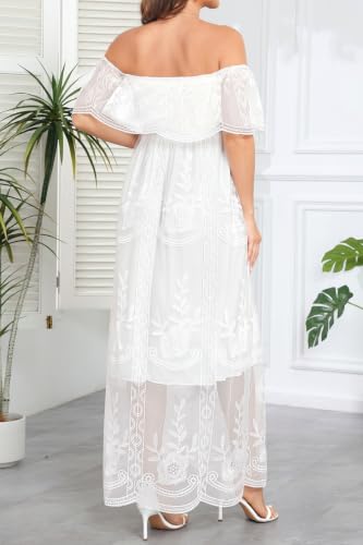 Image of Women's Off Shoulder Maternity Dress Swiss Dot Boho Baby Shower Dress | Swiss dot chiffon fabric,off shoulder boho design,maternity baby shower dress style