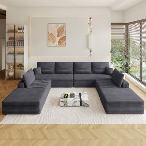 Image of Oversized Modular Sectional Sofa Couch,Large 8 Seater Corner Sofa Modern U Shaped Sectional Couch with Ottoman Cloud Couches for Living Room,Office,Spacious Space,Corduroy,No Assembly,Dark Grey