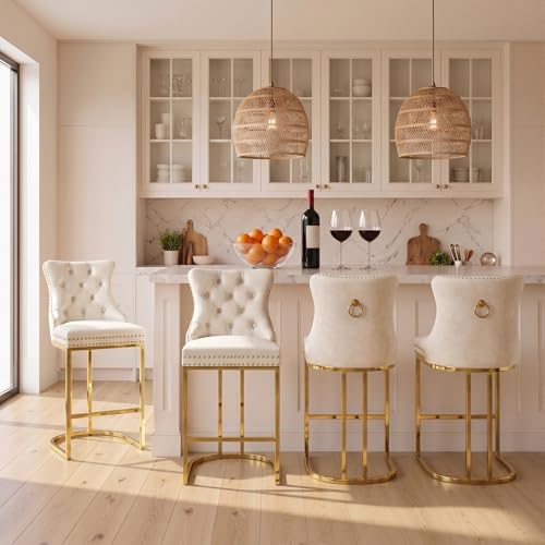 Image of UVV Counter Height Bar Stools Set of 4, 26 inch Modern Barstools with Back, Velvet Upholstery Counter Chairs with Metal Legs for Kitchen Island, Bar, Counter, Beige