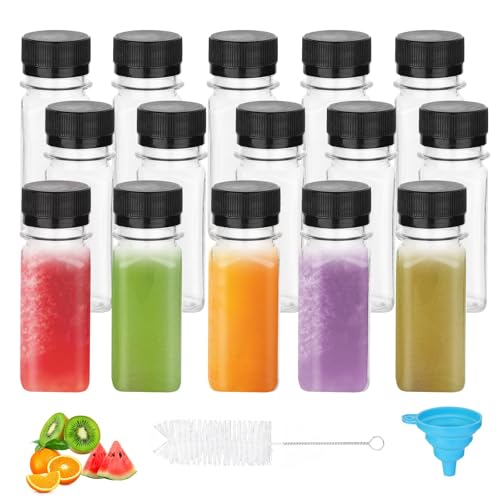 DKBT 15 Pcs Petite Bouteille Shot de Jus 60ml Mini Bouteille Plastique Fiole Transparentes Brosse avec Entonnoir pour Jus Ginger Lait Boissons (Noir)