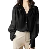 【1/2style】Vネックとろみシフォンブラウス 長袖 前ボタン 透け感 ふんわり袖 フレアカフス 上品 きれいめ オフィス カジュアル レディース (黒,ＸＬ)