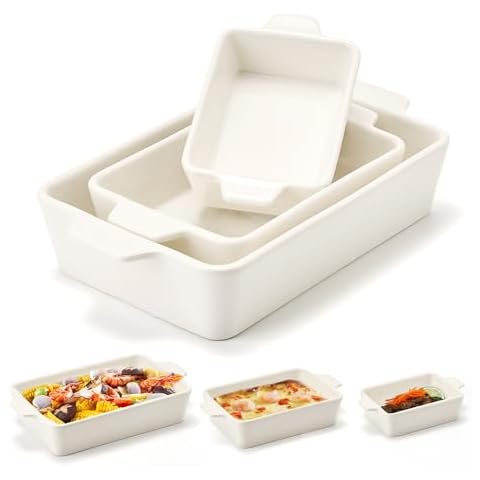 Jemirry Ceramic Baking Dish Set of 3, Casserole Dishes for Oven, Square Porcelain Bakeware Set with Handles, Lasagna Baking pan for Cooking, Perfect for Baking and Serving, Housewarming, Halloween, Thanksgiving, Christmas, New Year-White Cover