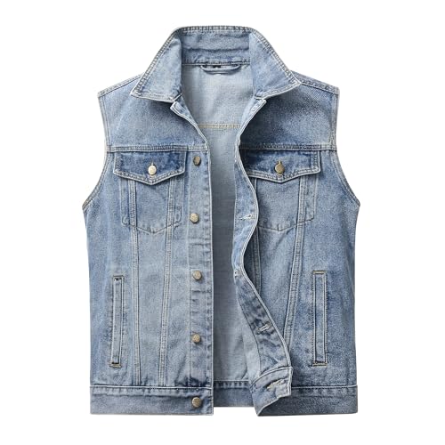 CoXuantion Uomo Retro Vintage Denim Gilet Cotone Jeans Capispalla Smanicato di Jeans da Moto Casual Cowboy Gilet Multi Tasca Punk Gilets 3XL,Blu