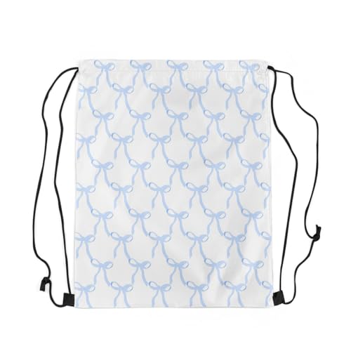 jejeloiu Blue Bow Print Drawstring Bags Cute Bowknot Sports Drawstring Sackpack Set Ribbon Bow Drawstring Backpack Blue Bow Room 13"x15.7"2