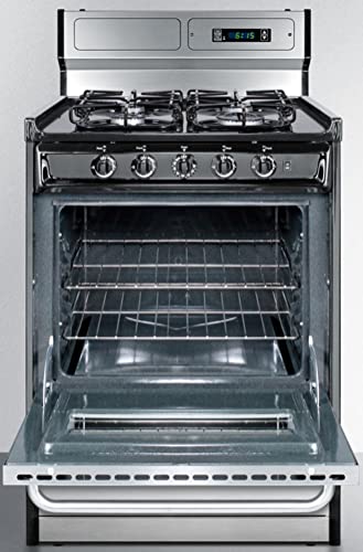 Summit Appliance Ttm6307Bksw 24" Wide Gas Range In Stainless Steel With Sealed Burners, High Backguard, Clock/Timer, Oven Window, Towel Bar Handles And Electronic Ignition #TOP2