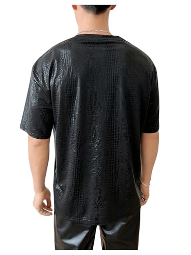 OYOANGLE Men's Oversized PU Leather Printed Short Sleeve Round Neck Longline Tee Shirt Tops2