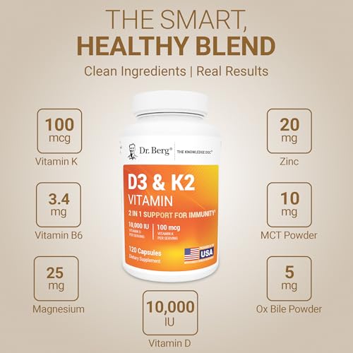 Dr. Berg Vitamin D3 & K2 10,000 IU + MK-7 – 120 Capsules – Immune, Bone & Heart Support* Supplement w/Magnesium, Zinc, B6 – 4X Lab-Tested – No Fillers – Non-GMO, cGMP, Formulated in USA