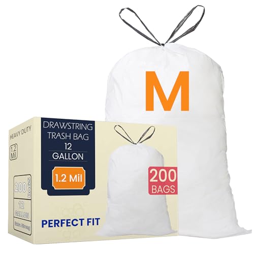 Image of Code M (200 Count) 12 Gallon Heavy Duty Drawstring Trash Bags Compatible with simplehuman Code M Garbage Can Liners 12 Gallon /45 Liter | 1.2 Mil | White