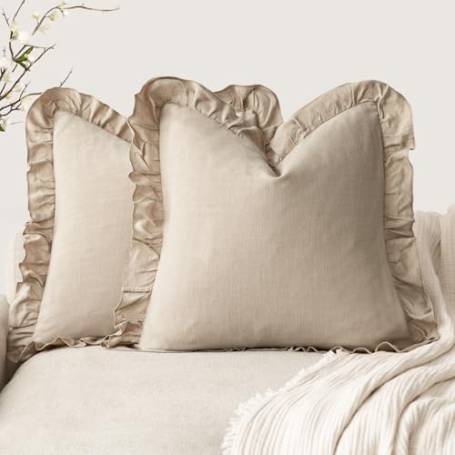 Image of Foindtower Set of 2 Decorative Soild Fringe Ruffle Throw Pillow Covers Soft Boho Farmhouse Cushion Cover Cozy Accent Retro Pillowcase for Couch Sofa Bed Living Room Home Decor,22x22 Inch,Light Tan