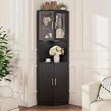 FiveWillowise 64.9' Tall Corner Cabinet, Modern Fluted Storage Cabinet with Glass Door and 5 Storage Shelves, Space Saver for Kitchen, Bathroom, Living Room, Black
