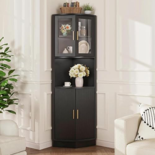 FiveWillowise 64.9" Tall Corner Cabinet, Modern Fluted Storage Cabinet with Glass Door and 5 Storage Shelves, Space Saver for Kitchen, Bathroom, Living Room, Black