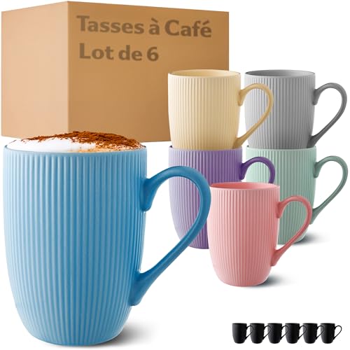 Cosumy Tasse à Café - Lot 6 Tasses à Café Couleur Pastelle - Modèle Unique - Céramique Mate - Résistant Micro-Ondes & Lave-vaisselle - Poignée Confortable