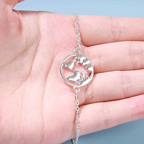 Yheakne World Map Bracelet Silver Map Disk Bracelet Vintage Globe Bracelet Minimalist Disc Bracelet Wanderlust Bracelet Hand Chain Jewelry for Women and Girls Gifts