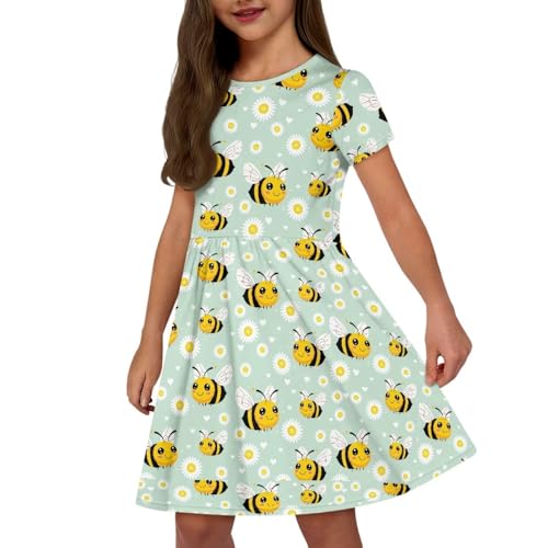 Image of Girls Dress with Pockets Basic Short Sleeve High Waist Swing Skater Dress School Party Dress for Kids