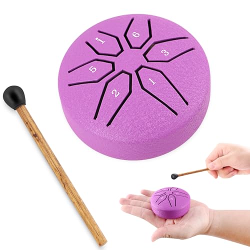 EASTROCK Mini Steel Tongue Drum for Kids 3 Inch 6 Notes Percussion Instrument Handpan Drum C Key with Mallets,Music Book (Purple)