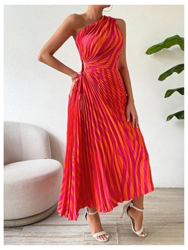 MakeMeChic Women's Casual Striped Cut Out One Shoulder Sleeveless High Waist Summer A Line Maxi Dresses3