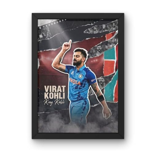 Image of Virat Kohli King Kohli Framed Poster, Cricket Sports Theme Wall Art, A4 Size 24x34 cm, Black Frame of Indian Cricketer (4)