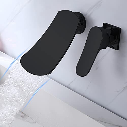 Bangpu Widespread Waterfall Bathroom Faucet Single Handle Wall Mount Waterfall Bathroom Sink Faucet Lavatory Vanity Faucet 2 Hole Waterfall Bathtub Faucet, Matte Black #TOP6