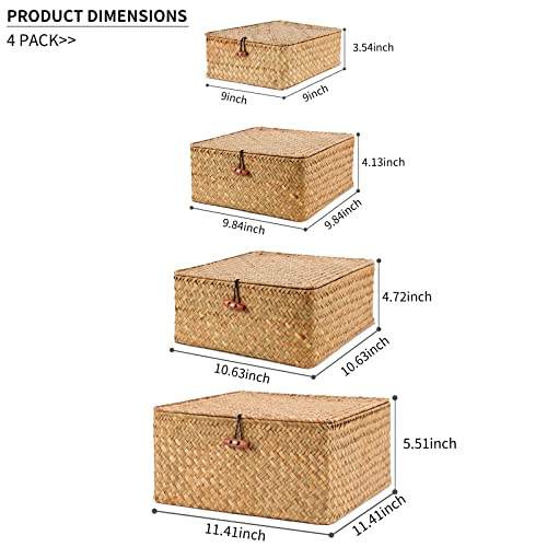 Ruosuruosu Cube Stackable Storage Bins Lids,Wicker Woven Storage Baskets Shelves,Set 4 Seagrass Storage Boxes,Rattan Storage Containers Organizing,Clothes,Toys,Books Cluttered Small Items Honey Brown #TOP2