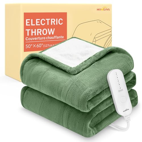Image of HOMLYNS LuxeHeat Heated Blanket Electric Blanket, Soft Flannel Sherpa Heated Throw, Heating Blanket with 5 Heat Settings, 3 hrs Timer Auto Shut Off (50x60 inches, Green), Only for 120V Voltage Use