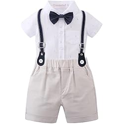 Gajaous Conjunto de traje de caballero para bebé, de manga corta, con camiseta, pelele y tirantes cortos, para bautizo, boda, 0 – 24 meses