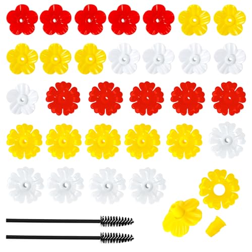 30Pcs Hummingbird Feeder Parts Hummingbird Feeder Replacement Flowers with Cleaning Brush Pet Hummingbird Feeder for Hanging Feeding Hummingbird Outdoors, 3 Colors (White, Yellow, Red)