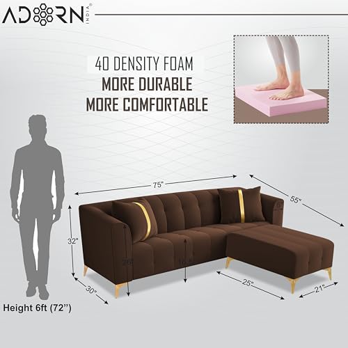 Image of Adorn India Premium Mystic - 3 Years Warranty - L Shape 4 Seater Sofa Set Velvet Suede Fabric - Brown