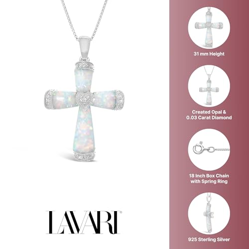 Lavari Jewelers Created White Opal Cross Pendant with .03 cttw Diamonds - Sterling Silver - 18"4
