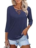 Heymiss Womens Tops Dressy Casual V Neck 3/4 Length Sleeve Blouses for Women Business Casual Navy Blue