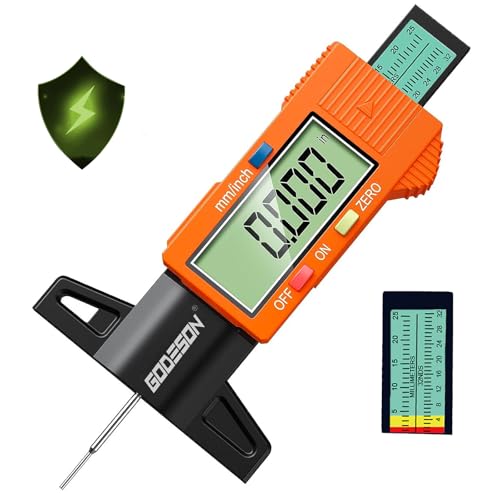 GODESON Oranger Digitaler Reifenprofiltiefenmesser, 0-25,4 mm Zoll Reifengauge Digital mit großem LCD-Display und blauem Digitaler Profiltiefenmesser für Reifen für Autos, Lastwagen, Motorräder